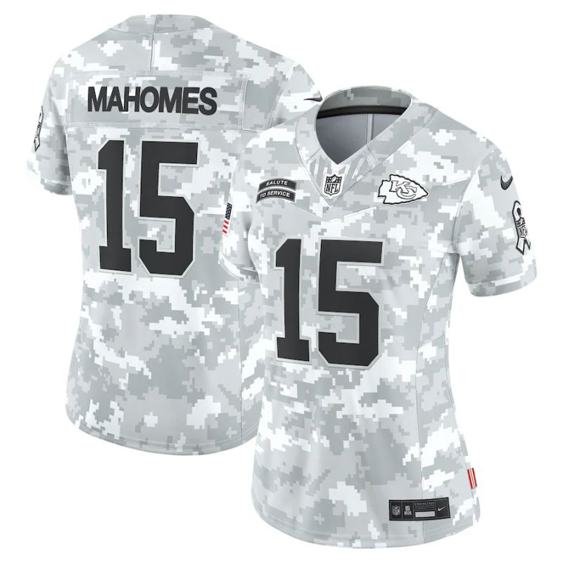 Women Kansas City Chiefs #15 Mahomes Nike Arctic Camo 2024 Salute to Service Limited NFL Jersey